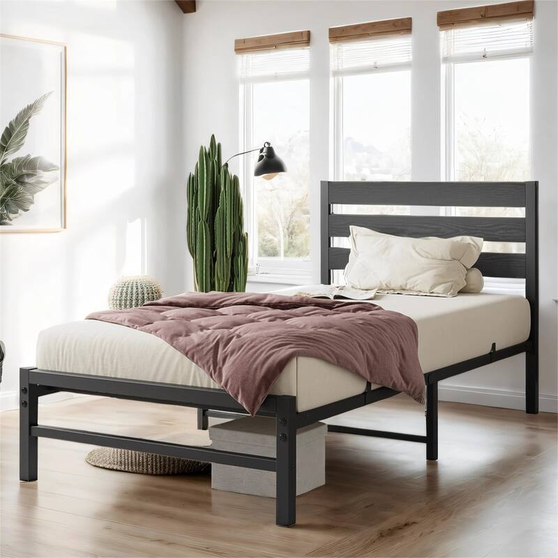 Twin Size Platform Bed Frame with Wood Headboard, No Box Spring Needed - Black
