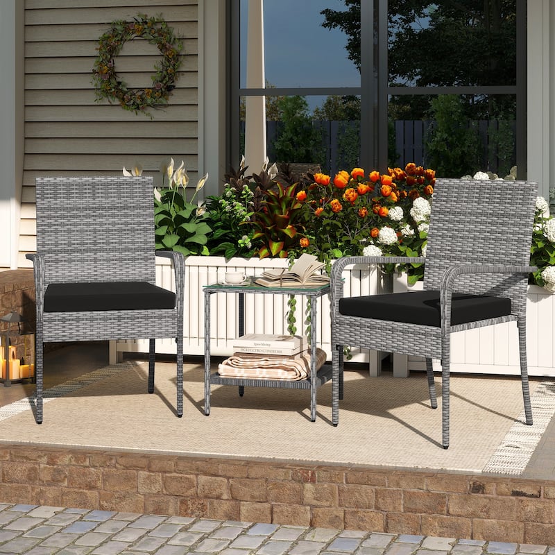 3-Piece Mix Grey Rattan Patio Furniture Set with Cushioned Chairs and Tempered Glass Table for Backyard or Balcony