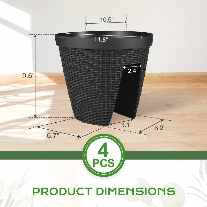 Aoodor 12'' Balcony Rattan Pattern Railing Planter Box with Drainage Holes and Adjustable Brackets - Set of 4 - 12''×11''
