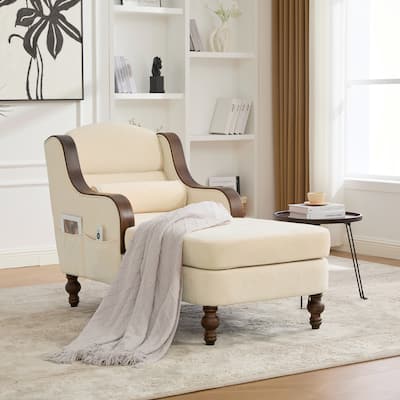 Ergonomic Chaise Lounge Indoor Chenille Single Lazy Sleeper Sofa Bed with Side Pockets, Solid Wood Armrests and Foots