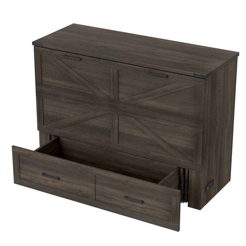 Full/Queen Size Pull Out Murphy Bed Frame, Wood Foldable Platform Cabinet Bed with Charging Station and Large Storage Drawers