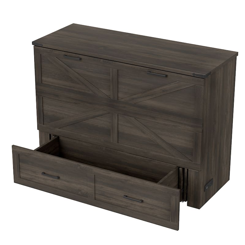 Rustic Fold-Out Murphy Cabinet Bed with Charging Ports & Deep Storage Drawer by Harper&Bright Designs