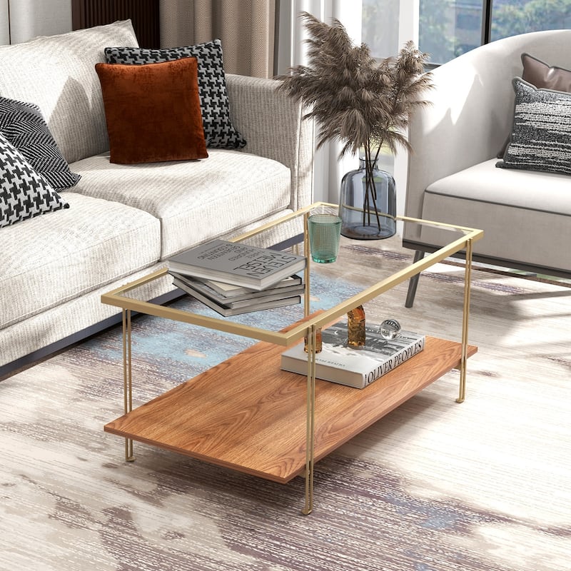 Gold Engineered Wood and Steel Coffee Table with Tempered Glass Top and 2-Tier Storage - 39.5" x 20" x 18" (L x W x H)