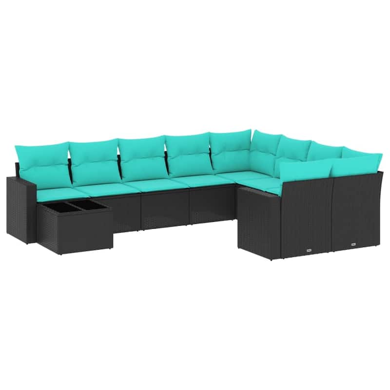 vidaXL 10 Piece Patio Sofa Set with Cushions Black Poly Rattan - 24.4" x 24.4" x 27.2"