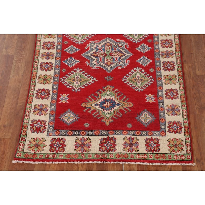 Red Kazak Oriental Accent Rug Hand-Knotted Wool Carpet - 3'5" x 4'11"