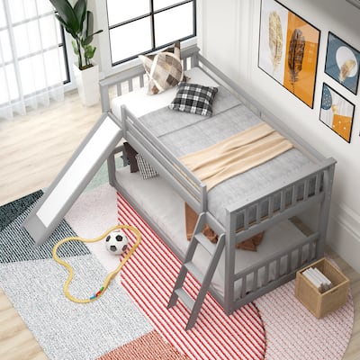 Wooden Bedframe Kids Bunk Bed with Convertible Slide and Ladder, Low Bunkbeds for Kids, Boys, Girls, Teens, No Box Spring Needed