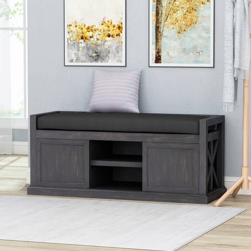 Roomfitters Entryway Storage Bench with Cushion Seat and Sliding Doors, Hallway Organizer Bench, Charcol