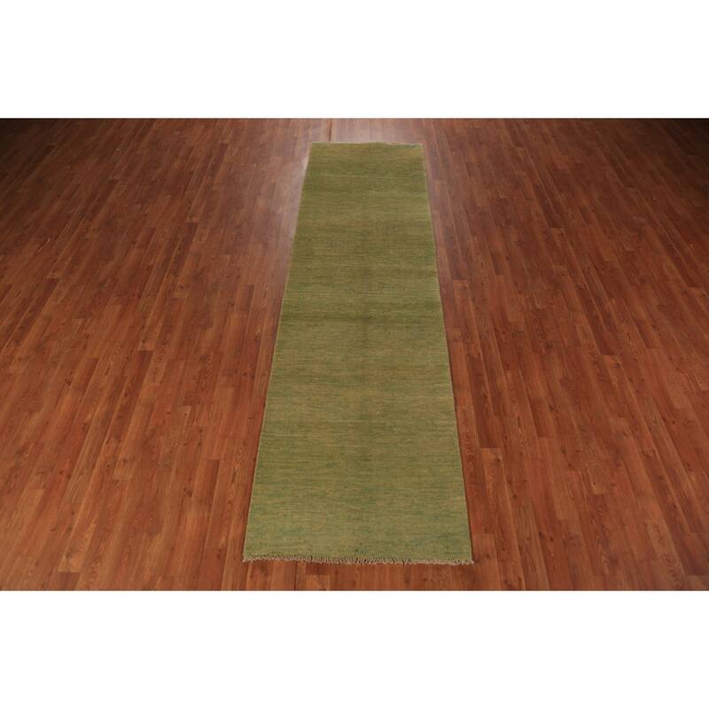 Green & Yellow Modern Gabbeh Runner Rug Handmade Wool Carpet - 2'8" x 9'6"