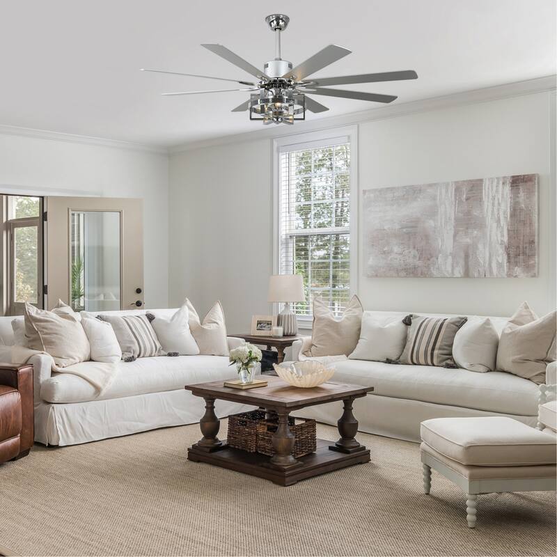 65" Large Wood Blade Ceiling Fan, 8 Blades and 3 Lights, Quiet DC Motor with Remote for Living Room