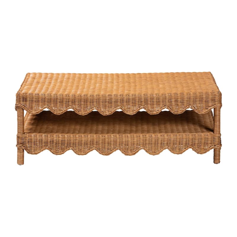 Oteria Natural Rattan Coffee Table - Handwoven Wicker Cocktail Table with Scalloped Detailing and Open Shelf, Coastal Boho Style