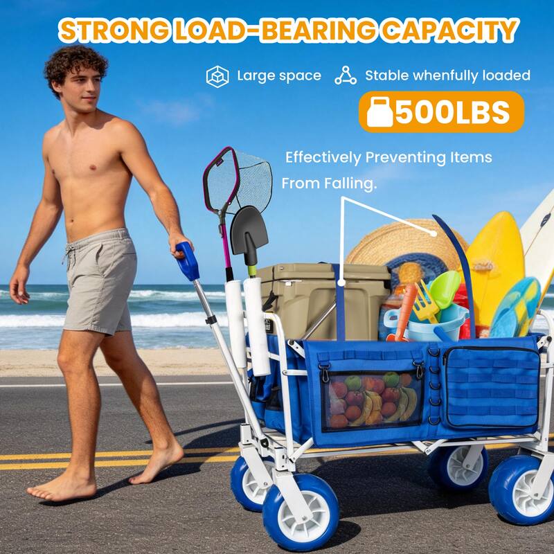 Beach Wagon Cart with Rod Holders and 9" All-Terrain Wheels, 500lbs Heavy Duty Collapsible Folding Wagon, Adjustable Handle