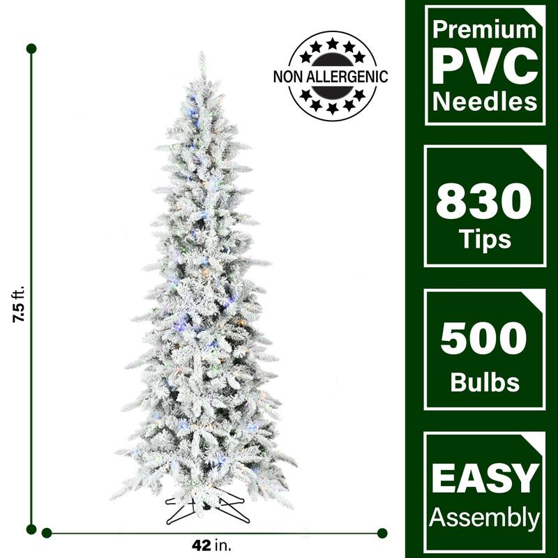 Fraser Hill Farm 7.5-Ft. Slim Mountain Pine Flocked Christmas Tree with Multicolor LED Lights
