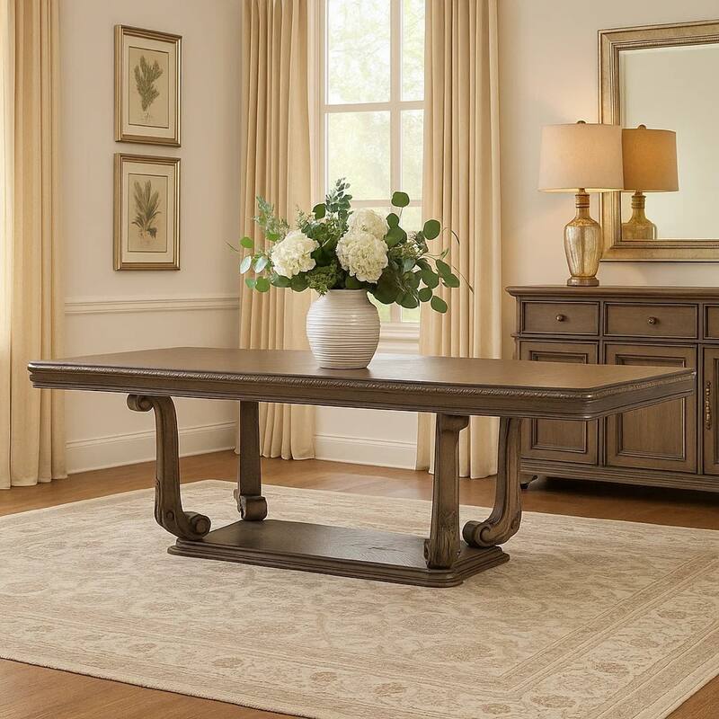 Hama Dining Table, 108 Inch Top with Scrolled Pedestal Base, Oak Brown - Weathered Oak Brown