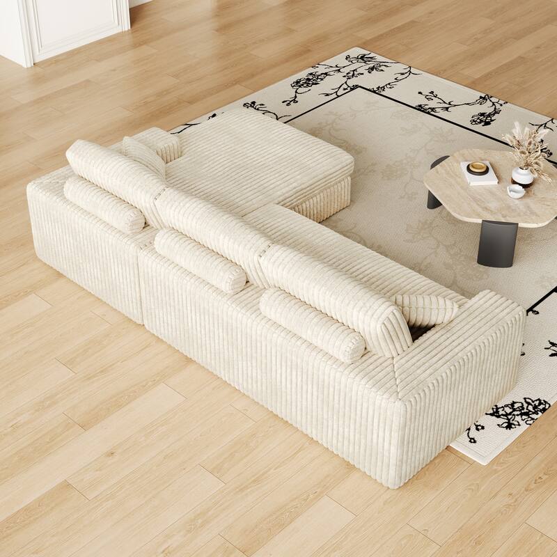 L-Shaped Sectional Sofa with Chaise Lounge, Corduroy Modular Foam Sofa, Upholstered Sofa with 2 Cushion & 2 Throw Pillows