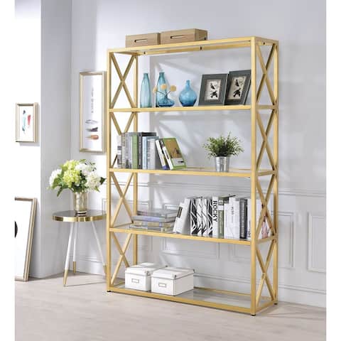 Contemporary Style Milavera Bookshelf in Gold & Clear Glass with 4 Open Compartments (5 Shelves) Suitable Office or Library