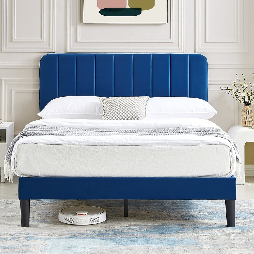 VECELO Modern Upholstered Platform Bed Frame with Adjustable Velvet Headboard Under-Bed Space for Storage No Box Spring Needed