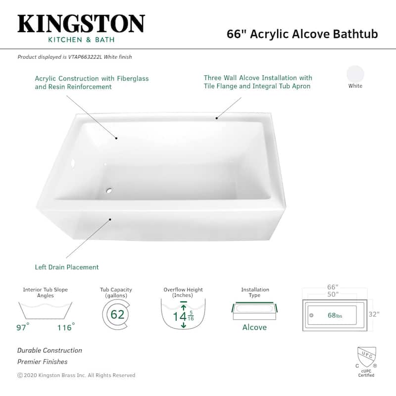 Kingston Brass Aqua Eden 66" Three Wall Alcove Acrylic Soaking Tub