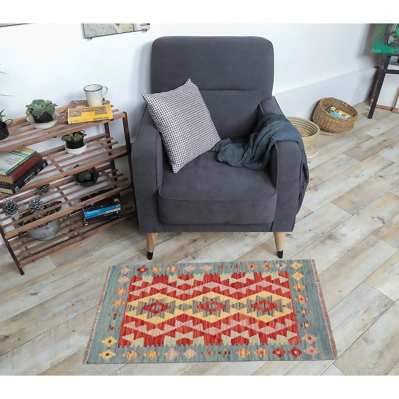Retro Turkish Kilim Kelvin Red Blue Hand-Woven Wool Rug - 2'2'' x 2'5''