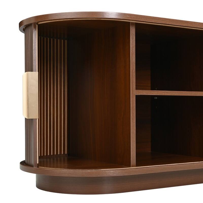 Farmhouse TV Stand with Sliding Tambour Door for 75-Inch TVs, Fluted Media Console with Adjustable Shelves and Golden Handles