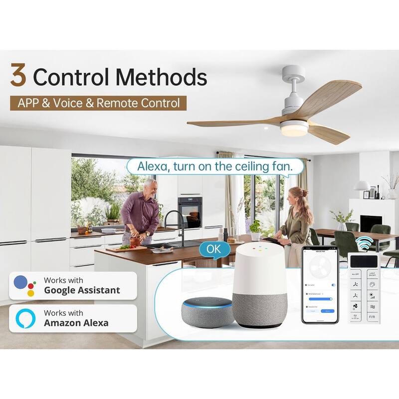 48 Inch Wood Ceiling Fan with Light and Remote/Smart App Control, Dimmable Lights Included - 52-Smart(Remote+APP+Voice Control) - White with Natural Wood Blades