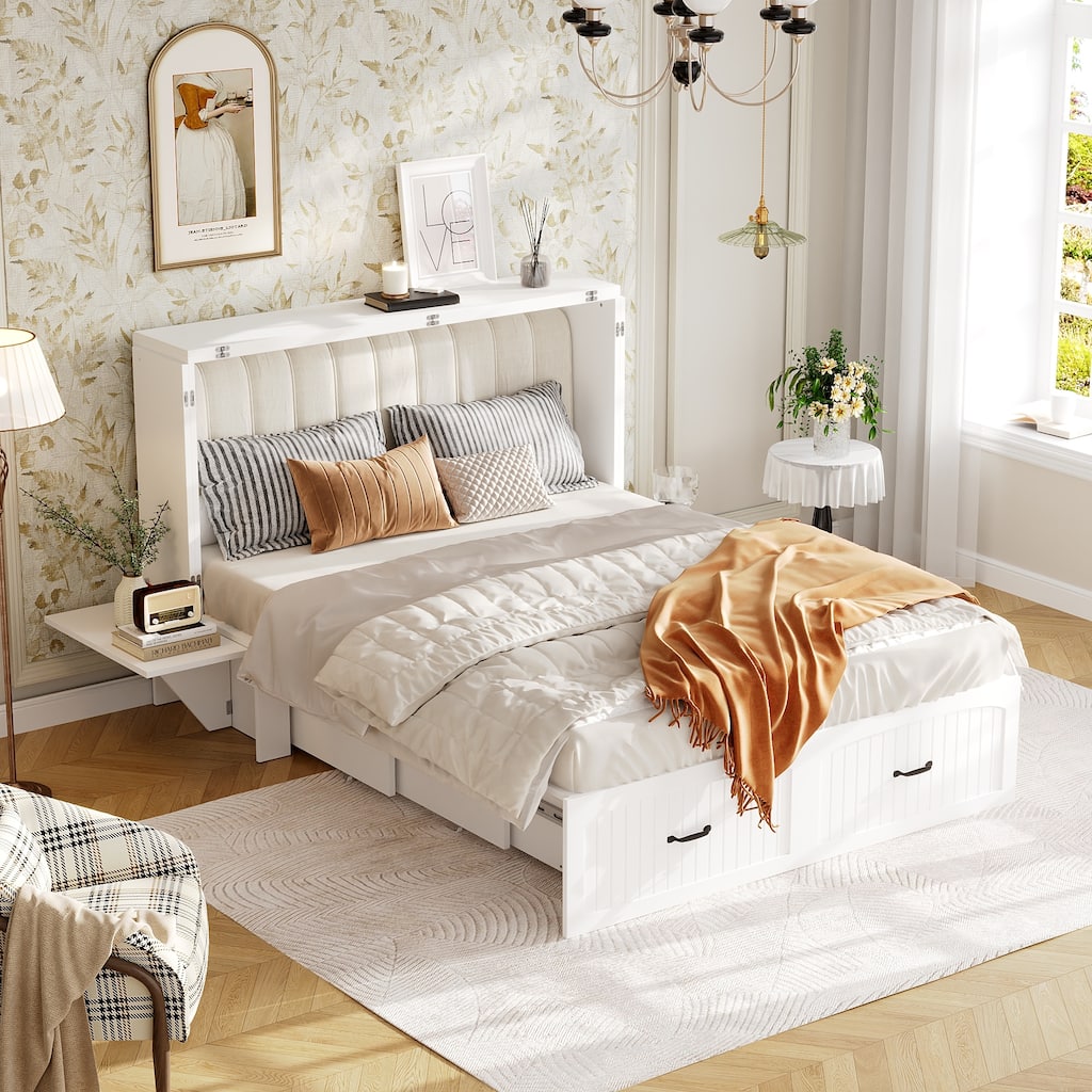 Queen Size White Storage Bed Frame with Headboard Storage, Built-In Cabinets, Drawers & Side Shelf