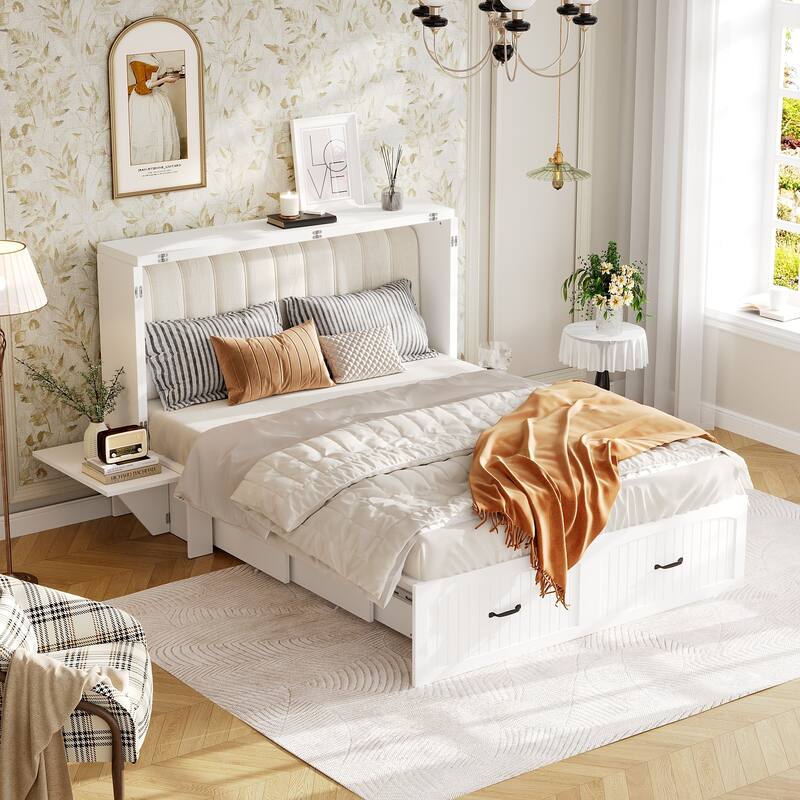 Queen Size White Storage Bed Frame with Headboard Storage, Built-In Cabinets, Drawers & Side Shelf