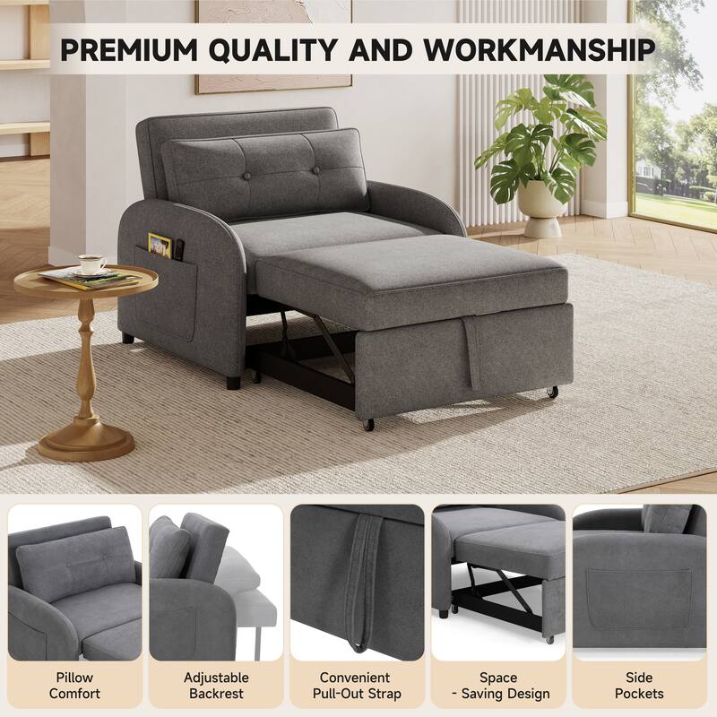 Roomfitters 3-in-1 Convertible Sleeper Sofa Bed, Pull-Out Loveseat Chair with Storage Pocket and Pillow