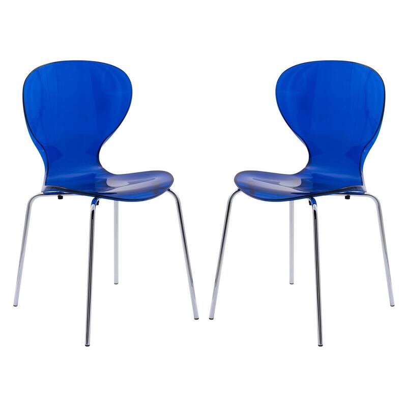 Oyster Modern Stackable Plastic Dining Chair with Curved Backrest and Accent Chrome Legs for Kitchen or Café Use Set of 2 - Blue