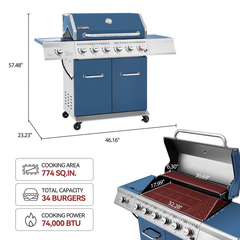 Royal Gourmet 6-Burner Gas Grill with Sear Burner and Side Burner - Blue
