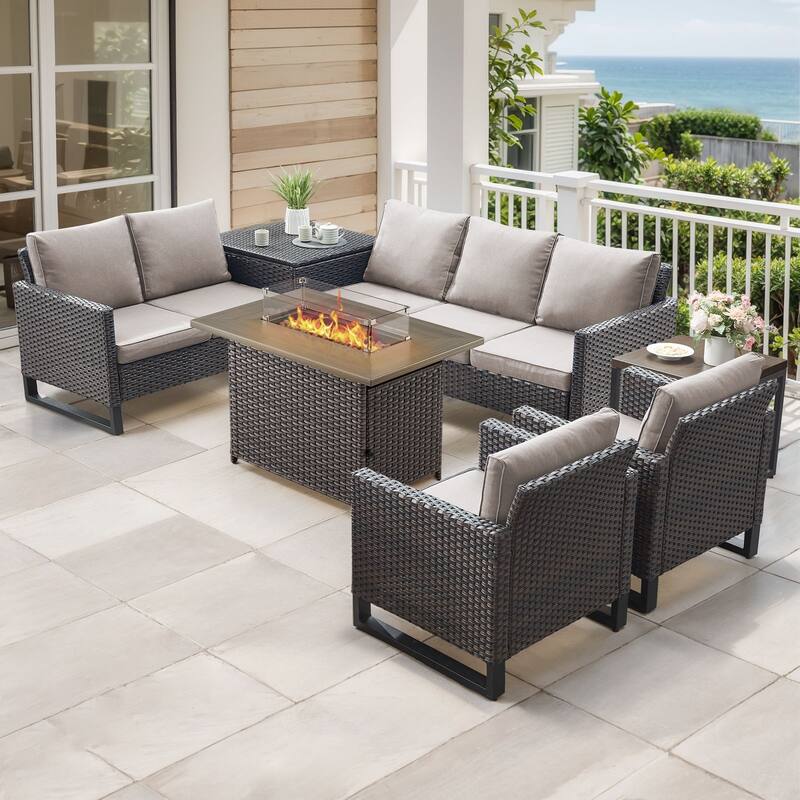 Gymojoy 7 Person All-Weather Wicker Outdoor Conversation Set Seating Group With Fire Pit Table