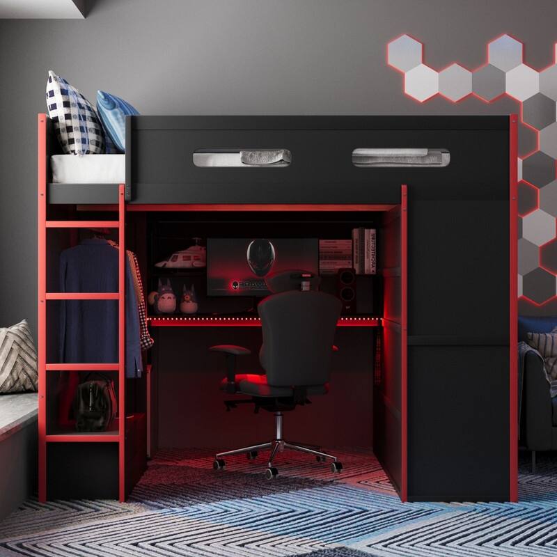 Full Size Versatile Loft Bed w/ Built-in Desk w/ Charging Station, Wood Storage Gaming Bed Frame w/ Wardrobe and Drawer