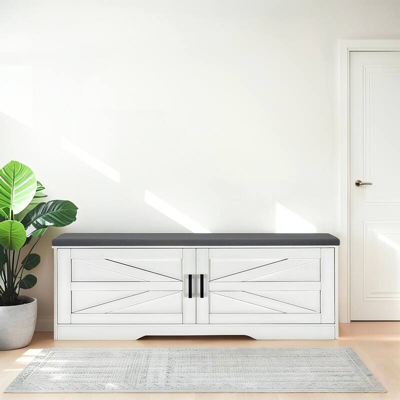 2-Tier Storage Shoe Bench with Padded Seat Cushion,Bench with 2 Barn Doors & 2 Adjustable Shelves,13.75"Dx39.4"Wx17.72"H