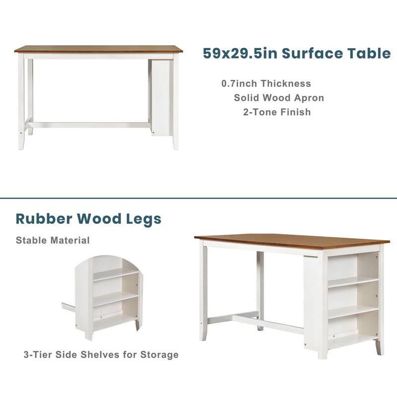 Dining Room Wooden Bar Table Set with 4 Chairs, Kitchen Table with Open Storage Shelves, Upholstered Chairs