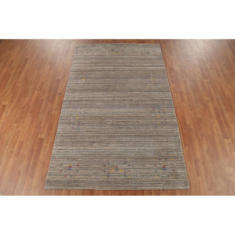 Striped Gabbeh Indian Area Rug Hand-Knotted Oriental Beige Wool Carpet - 4'11"x 7'11"