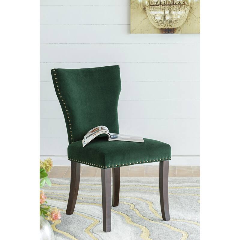 Velvet Armless Nail Head Wooden Dining Chairs 37" Green and Brown 2Ct