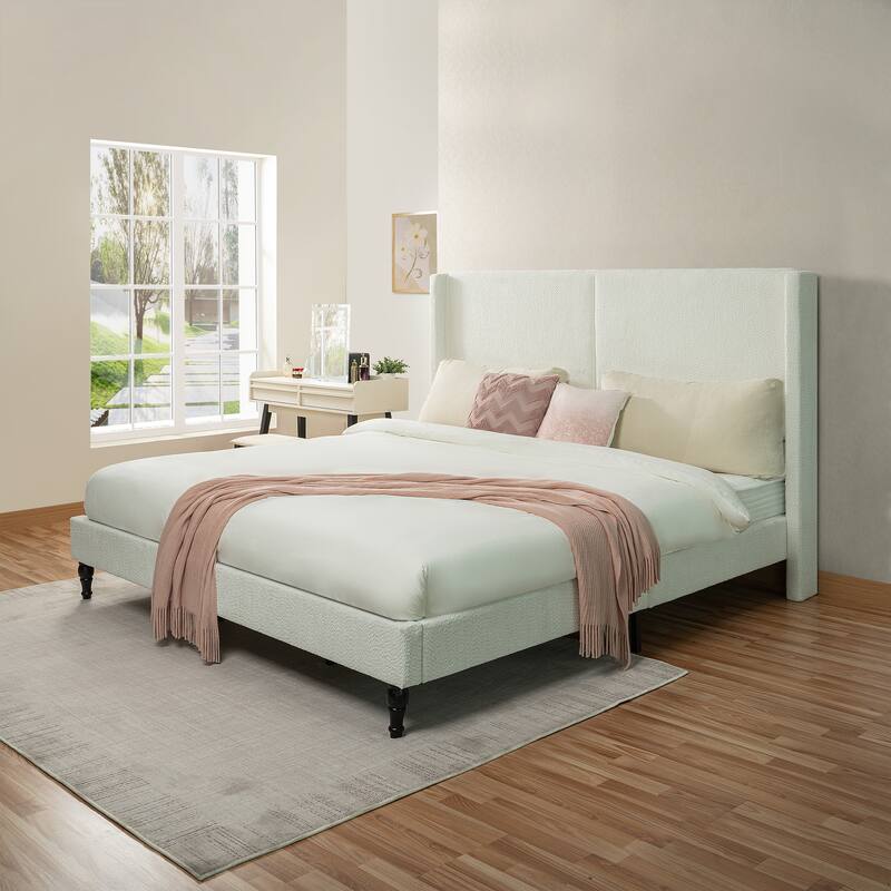 Queen Size Bed Frame with 55.5"High Back Upholstered Boucle Fabric Headboard