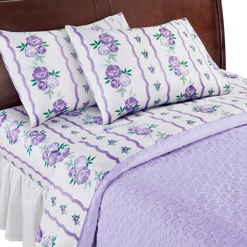 Printed Lovely Bright Blooming Roses White Sheet Set