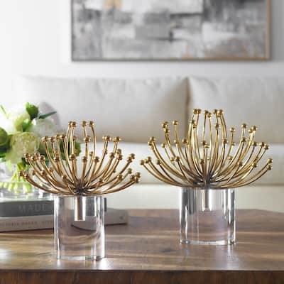 Floral Steel Sculptures - 10" - Gold and Clear - Set of 2