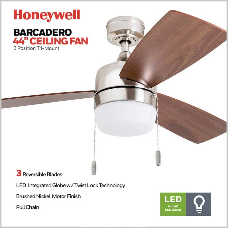 44" Honeywell Barcadero Matte Black Contemporary Indoor LED Ceiling Fan with Light, Pull Chain