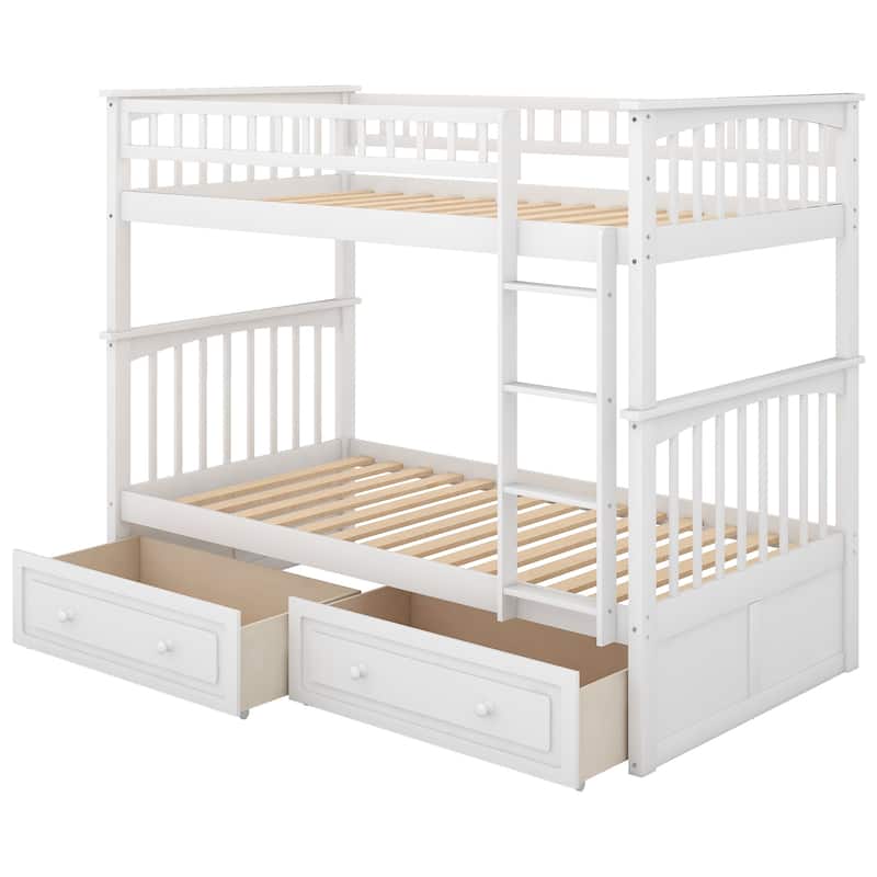 Twin/Full Convertible Bunk Bed with Wheels Drawers, Pine Wood Frame, Safety Guardrails, and Easy Assembly, White/Grey
