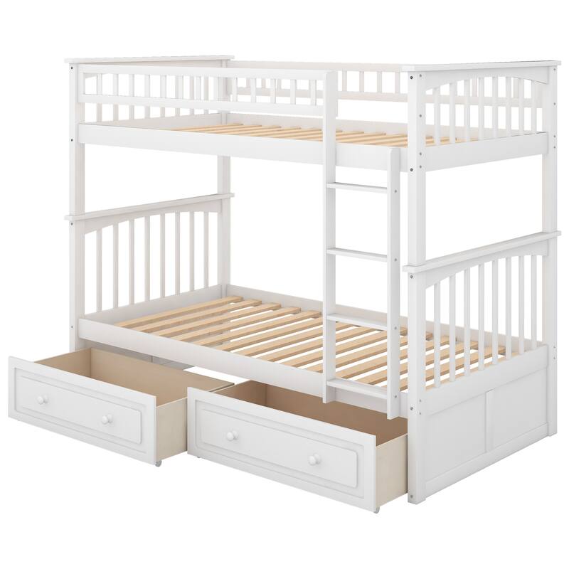 Wooden Bunk Bed with 2 Drawers and Ladder