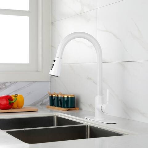 Lead Free Brass Kitchen Faucet with Pull Down Sprayer White