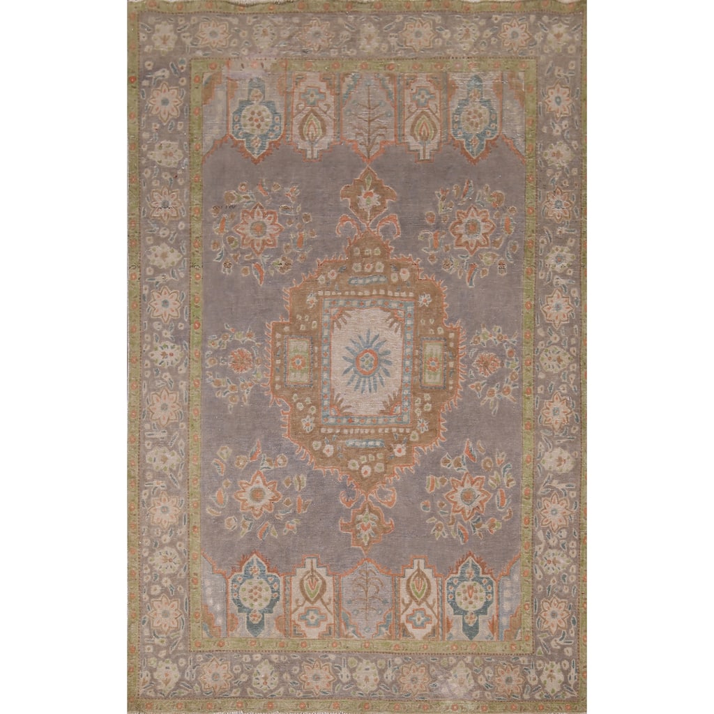 Gray Distressed Tabriz Vintage Persian Rug Hand-Knotted Wool Carpet - 6'7" x 9'8"