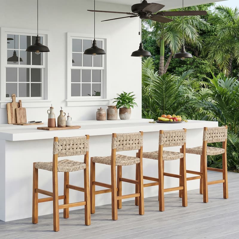 Christopher Knight Home - Modern Acacia Wood Outdoor Bar Stools with Teak Finish and Wicker Back Patio Chairs - Setof4_Open Basket Weave Back_Brown