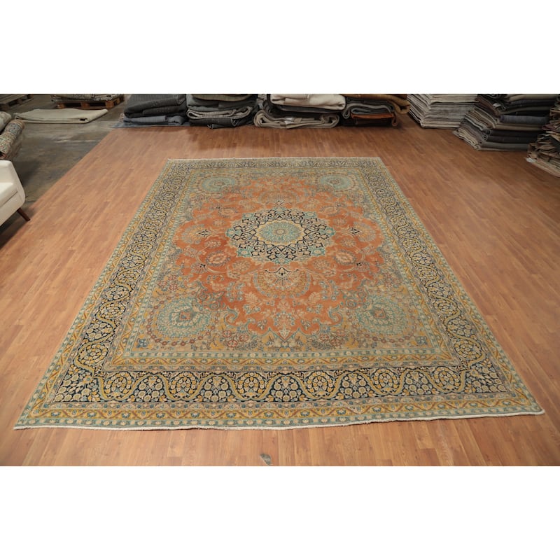 Hand Knotted Oriental 100% Wool Carpet Traditional Floral Oranges & Rust Kerman Area Rug - 13' 7'' X 10' 0''