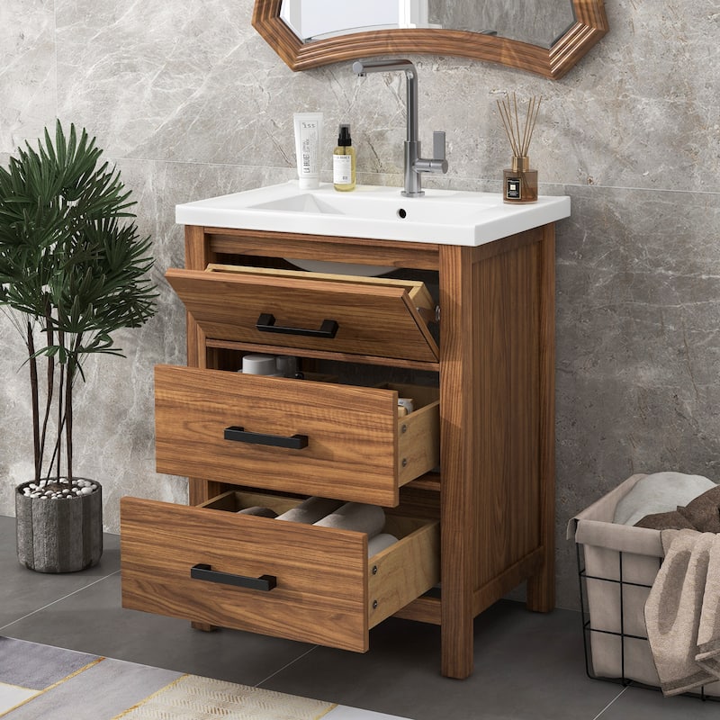 GDFStudio - Marwick Modern Freestanding Bathroom Vanity with Ceramic Sink and 3 Storage Drawers - 24.4'W