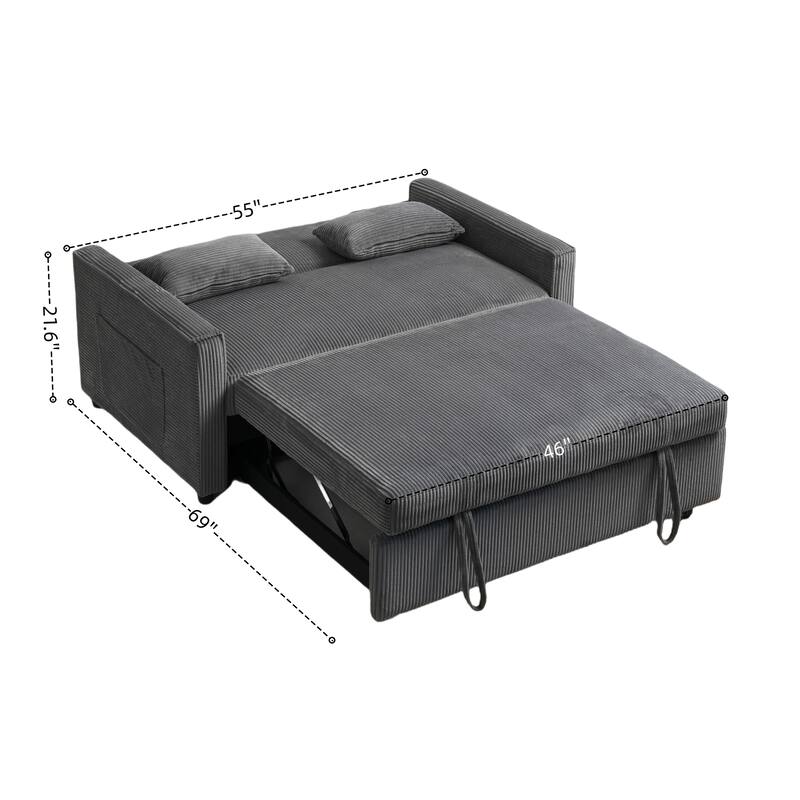 69" Corduroy Sleeper Sofa with Adjustable Backrest & Storage Pocket