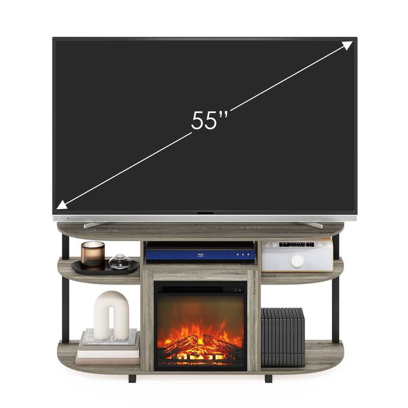 Furinno Jensen Open Storage Curved Entertainment Center Stand with Fireplace for TV up to 55 Inch