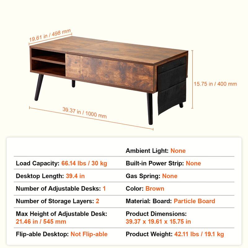 Lift Top Coffee Table with Storage Drawers and Open Shelf, 39.4 in - 39.37 x 19.61 x 15.75 in