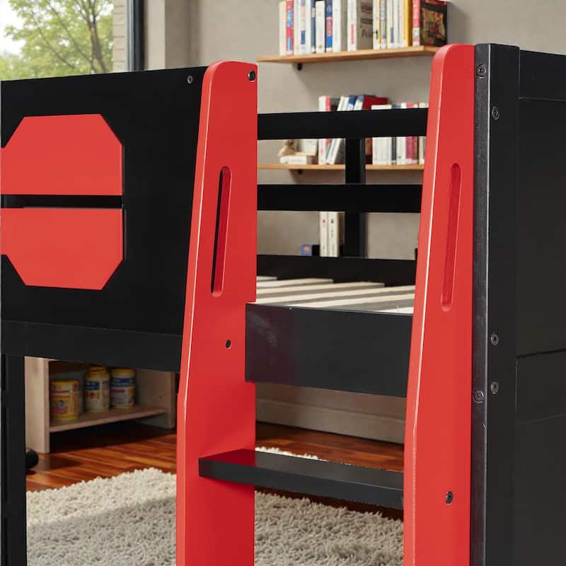 Twin Size Gaming Loft Bed with Desk, Multi-Storage Shelves, RGB Light Strip, Wood Frame, Esports Style Setup